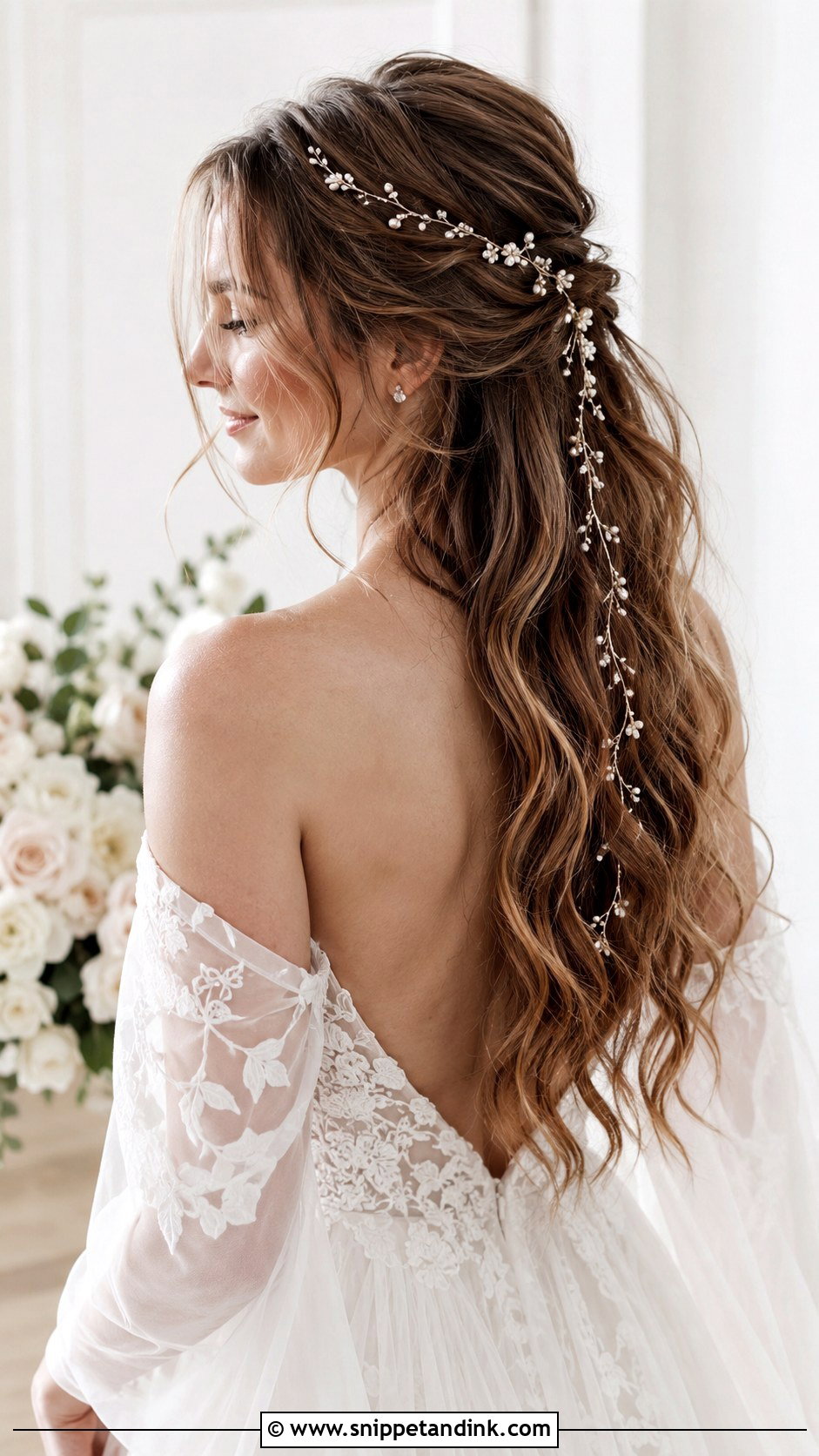 Half Up With Delicate Hair Vine - Snippet and Ink - 35 Bridal Half-Up Half-Down Hair Ideas