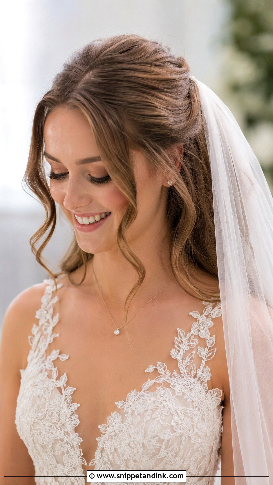 Half Up With Face Framing Tendrils - Snippet and Ink - 20 Shoulder Length Half-Up Half-Down Wedding Hair Ideas