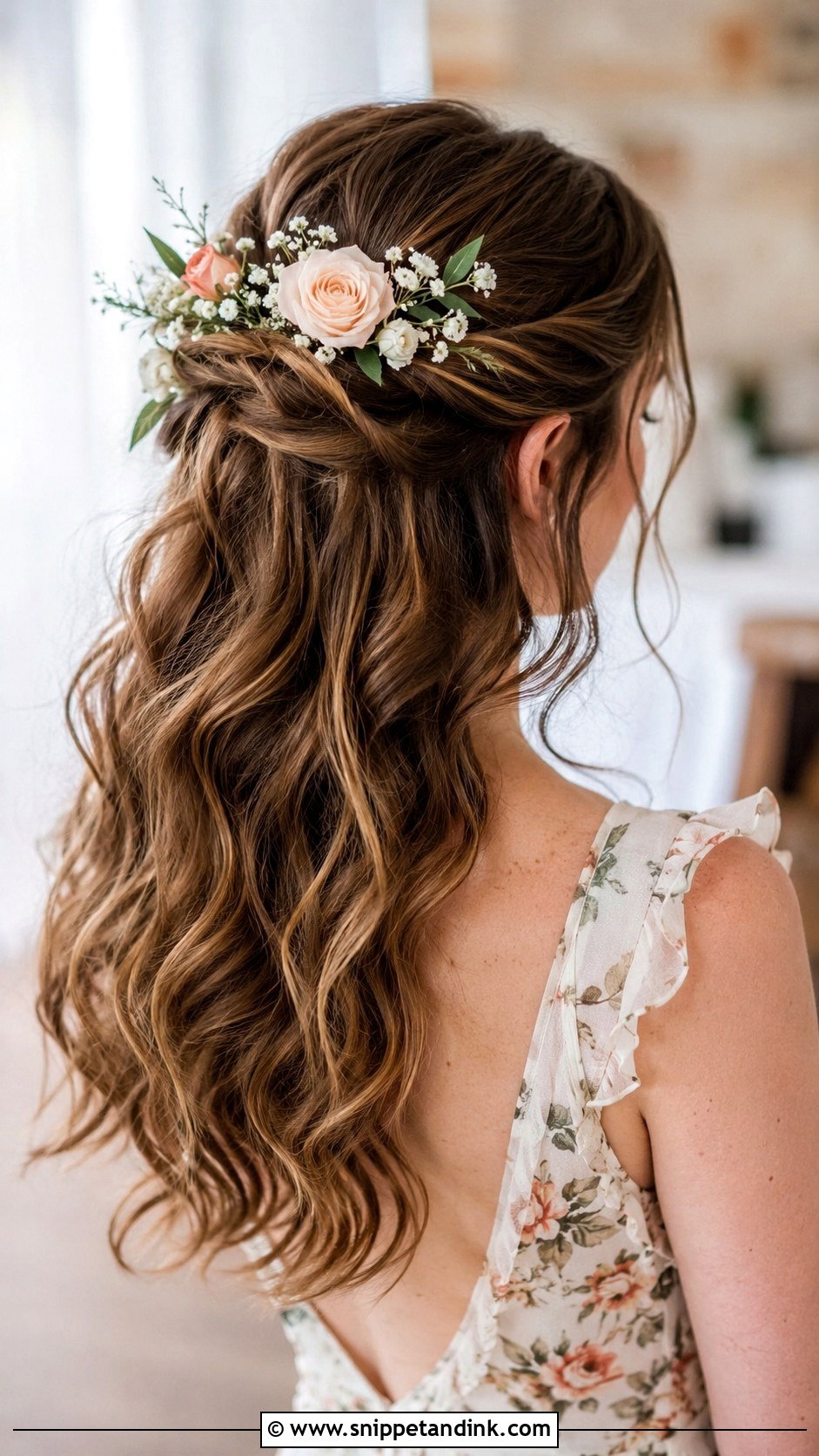 Half Up With Floral Accents - Snippet and Ink - 25 Shoulder Length Wedding Hair Ideas