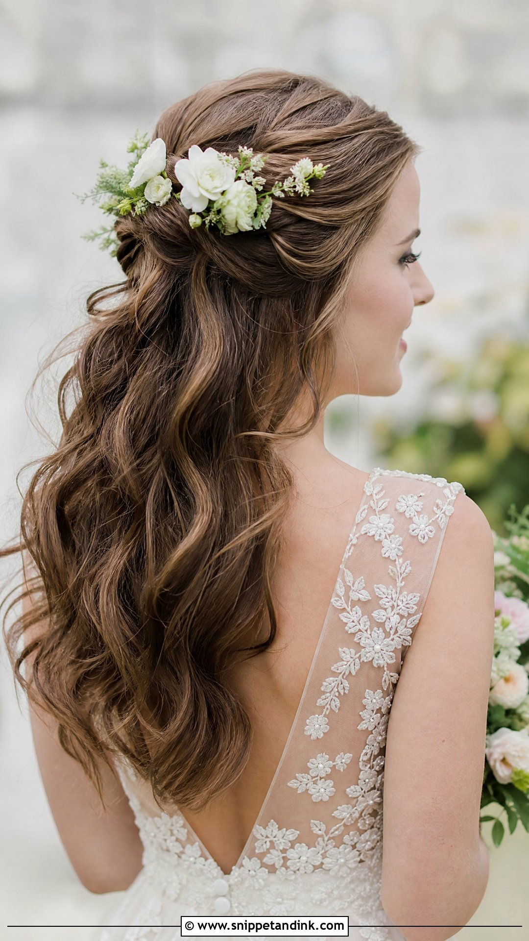 Half Up With Floral Accents Wedding Hairstyle - Snippet and Ink - 20 Half Updo Wedding Ideas