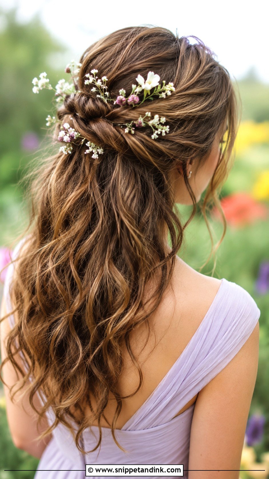 Half Up With Floral Accents - Snippet and Ink - 25 Half-Up Wedding Guest Hairstyles