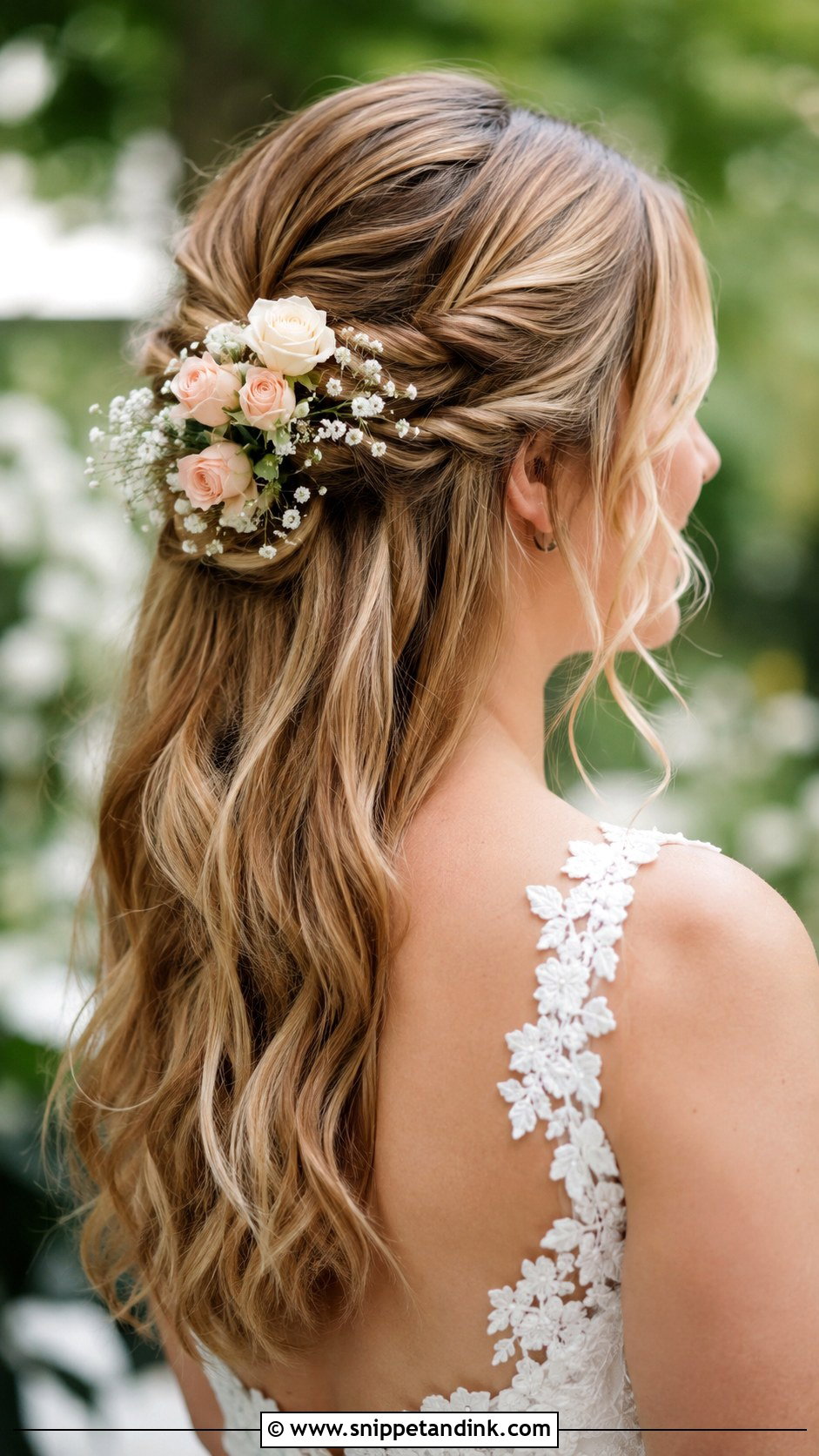 Half Up With Floral Accessories - Snippet and Ink - 25 Hairstyles for Medium Length Hair for Wedding