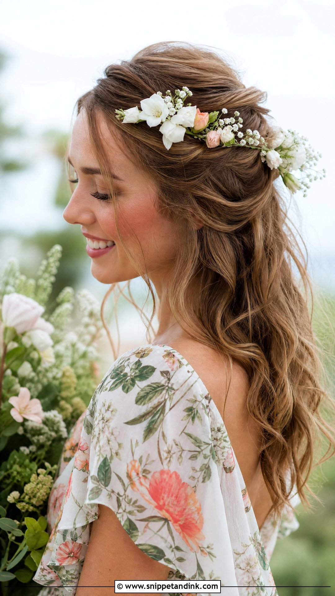 Half Up With Floral Accessories - Snippet and Ink - 20 Romantic Half-Up Half-Down Ideas
