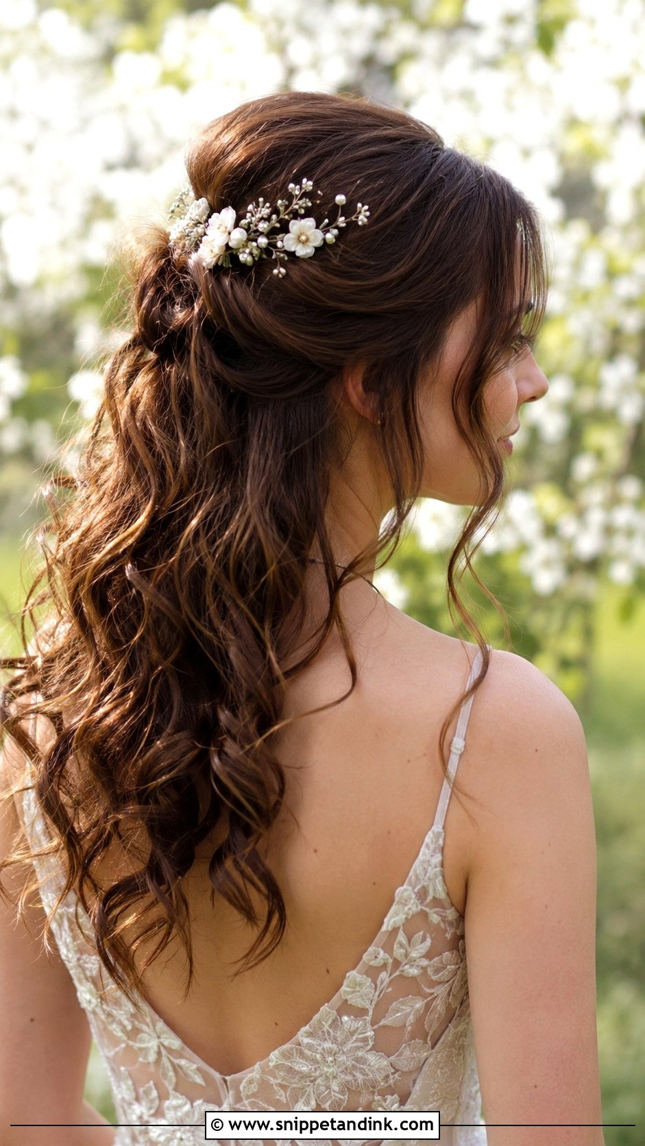 Half Up With Floral Comb Accent - Snippet and Ink - 20 Medium Length Wedding Half-Up Half-Down Ideas
