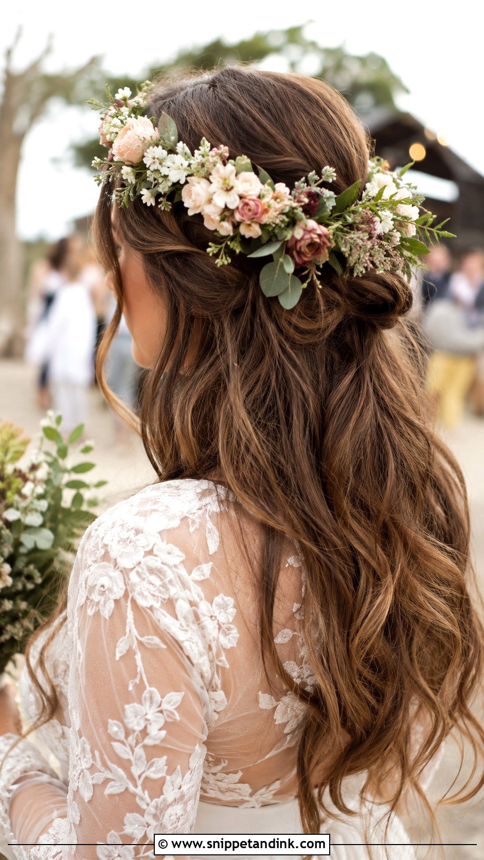 Half Up With Floral Crown - Snippet and Ink - 30 Half-Up Wedding Hair Ideas