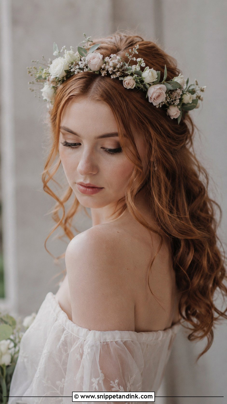 Half Up With Floral Crown - Snippet and Ink - 35 Half-Up Bridal Hair Ideas