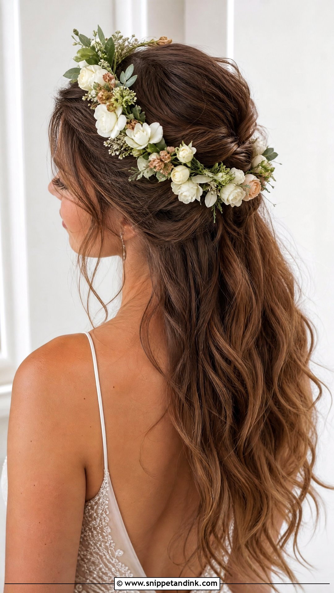 Half Up With Floral Crown - Snippet and Ink - 20 Half-Up Do Wedding Ideas