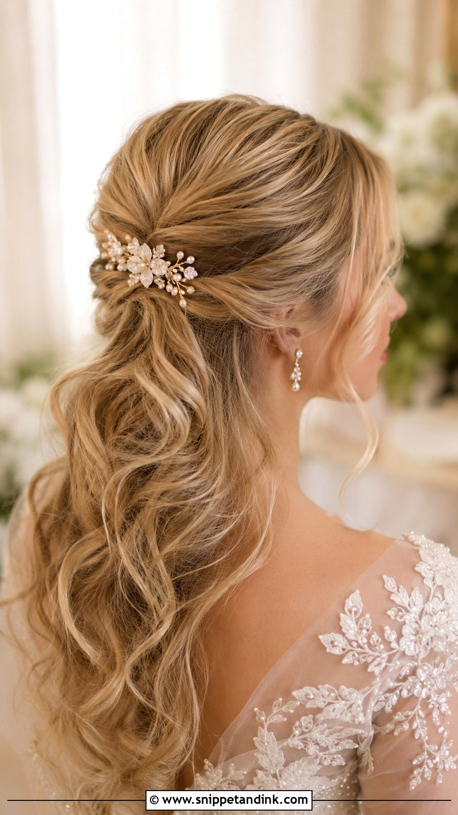 Half Up With Floral Hair Comb - Snippet and Ink - 25 Medium Length Half-Up Half-Down Wedding Hair Ideas