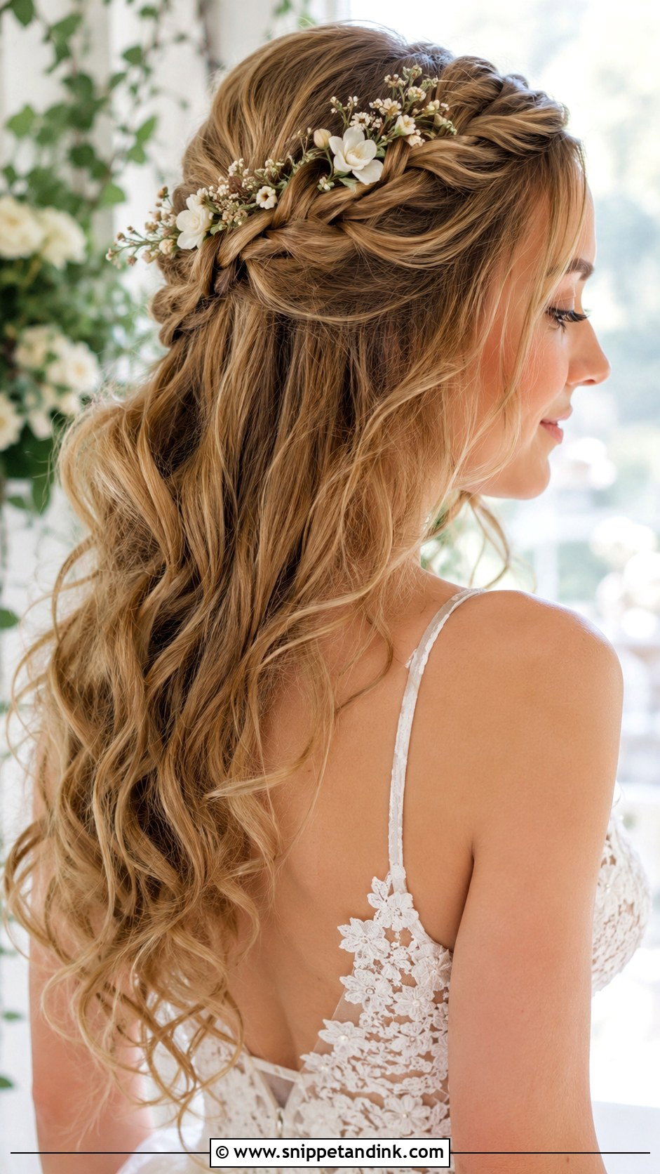Half Up With Floral Hairpiece and Waves - Snippet and Ink - 20 Mid Length Bridal Half-Up Half-Down Hair Ideas