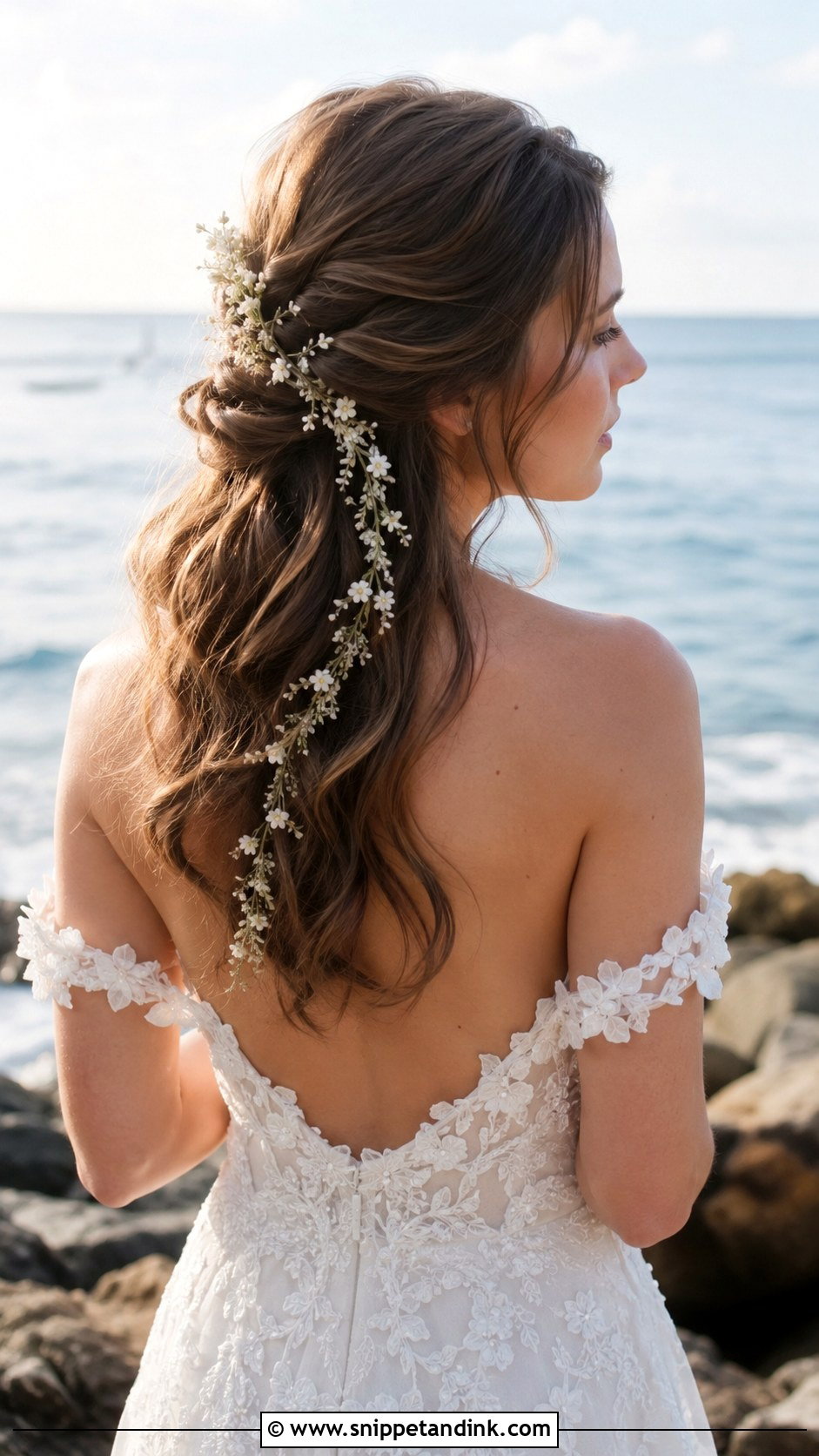 Half Up With Floral Vine Accent - Snippet and Ink - 20 Half-Up Beach Wedding Hair Ideas
