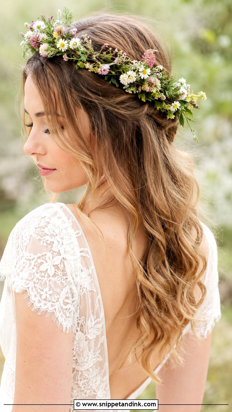 Half Up With Flower Crown - Snippet and Ink - 20 Half-Up Wedding Hair for Bride Ideas