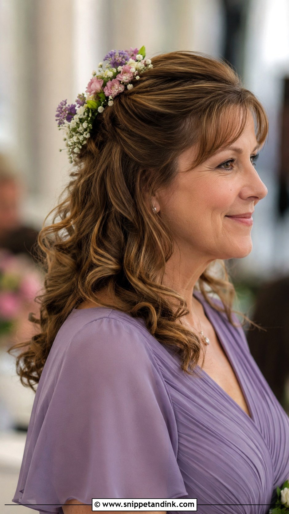 Half Up With Flower Crown Accent - Snippet and Ink - 30 Half-Up Half-Down Mother of Bride Hair Ideas