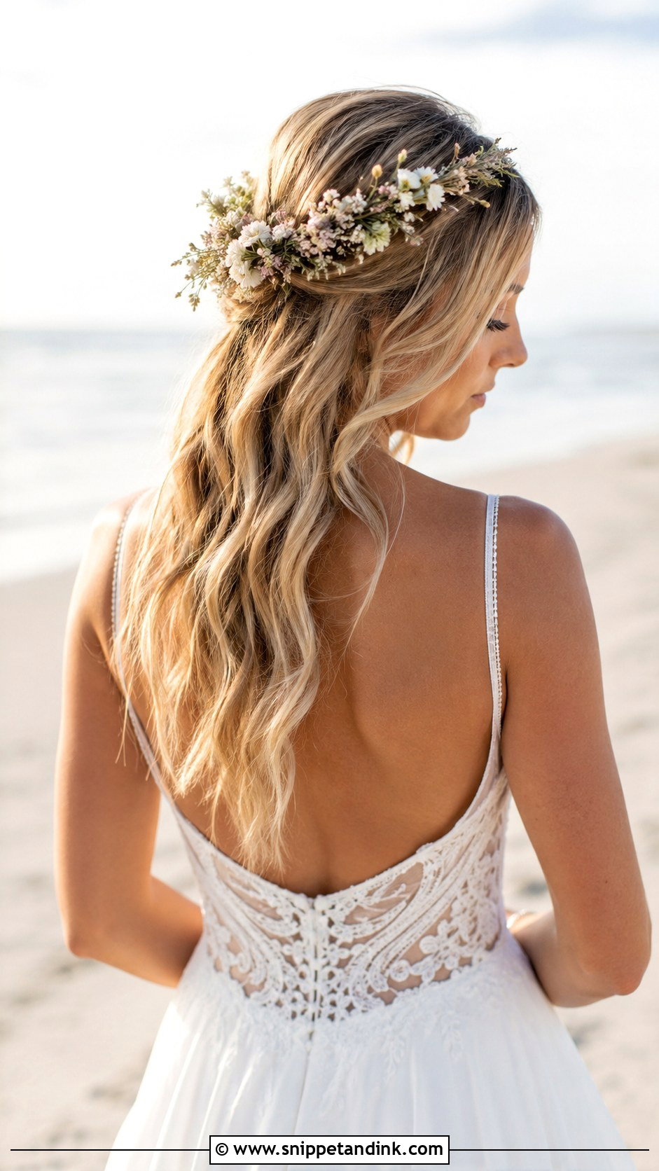 Half Up With Flower Crown - Snippet and Ink - 20 Half-Up Beach Wedding Hair Ideas