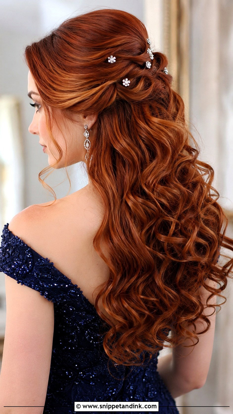 Half Up With Glamorous Curls And Sparkle Pins - Snippet and Ink - 25 Half-Up Mother of the Bride Hair Ideas