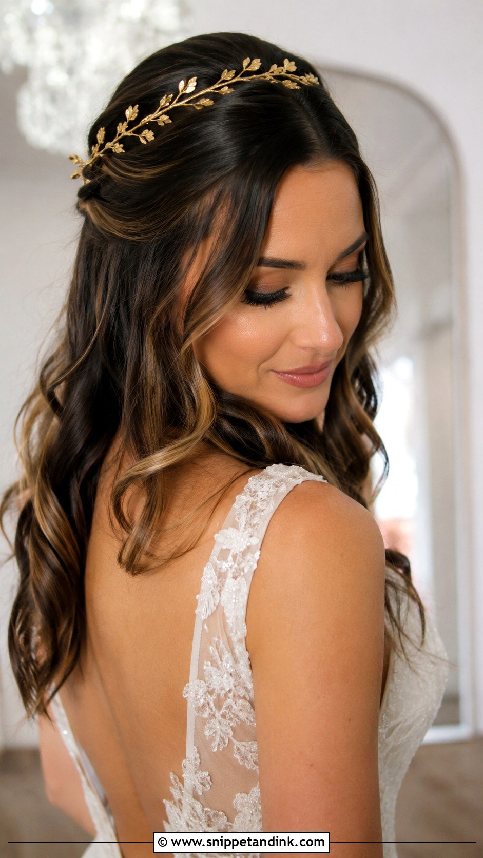Half Up With Gold Hairpiece - Snippet and Ink - 35 Half-Up Bridal Hair Ideas