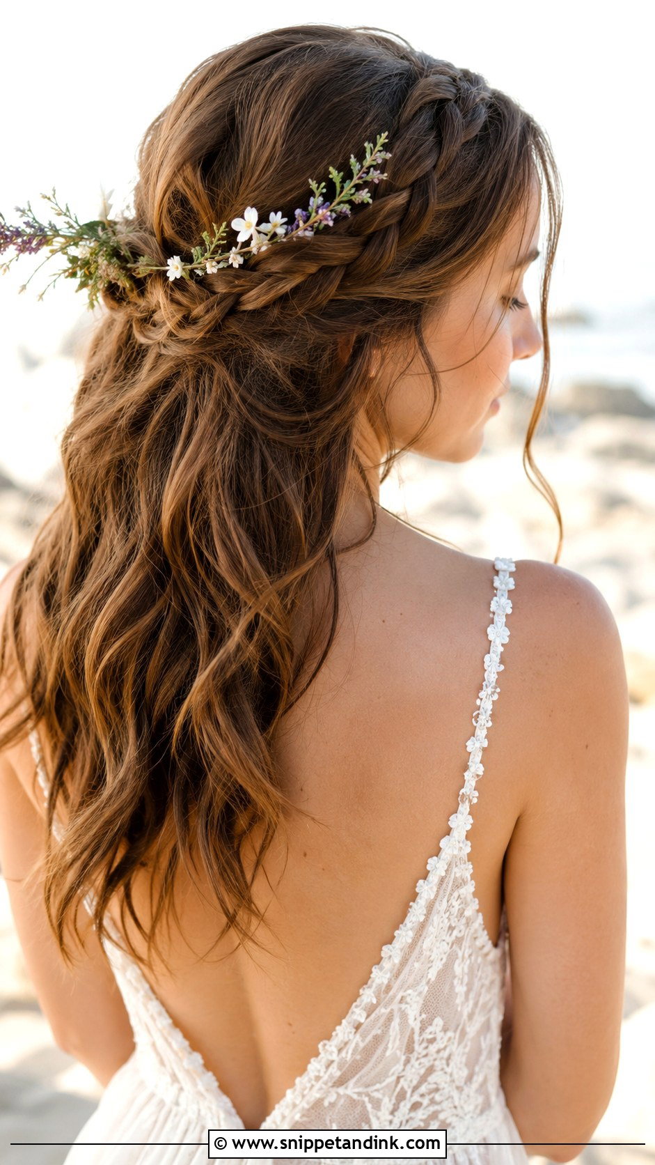 Half Up With Halo Braid - Snippet and Ink - 20 Half-Up Beach Wedding Hair Ideas