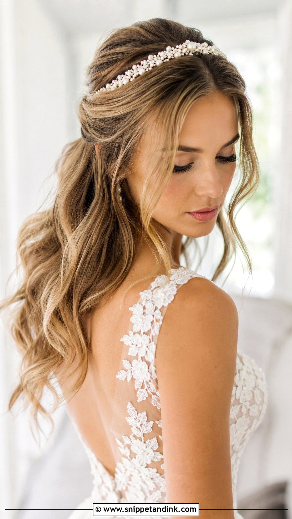 Half Up With Headband and Soft Waves - Snippet and Ink - 20 Mid Length Bridal Half-Up Half-Down Hair Ideas