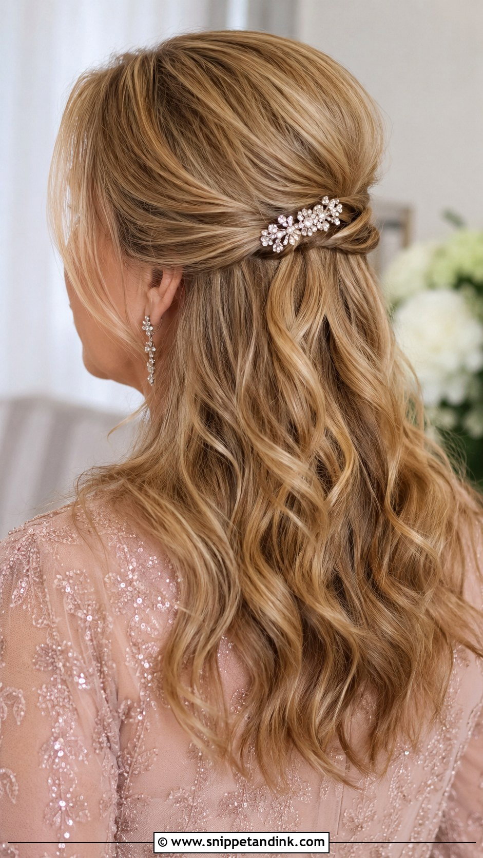 Half Up With Jeweled Clip - Snippet and Ink - 30 Half-Up Half-Down Mother of Bride Hair Ideas