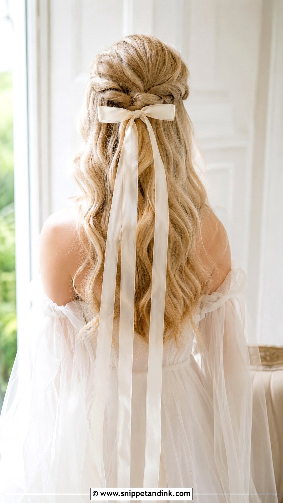 Half Up With Long Trailing Ribbon Tails - Snippet and Ink - 20 Half-Up Half-Down Wedding Hair with Bow Ideas