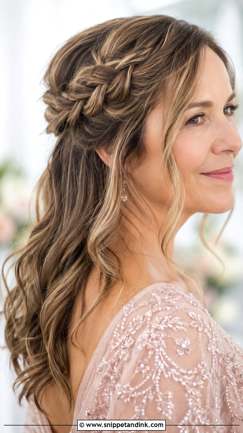 Half Up With Loose Braided Crown - Snippet and Ink - 30 Half-Up Half-Down Mother of Bride Hair Ideas