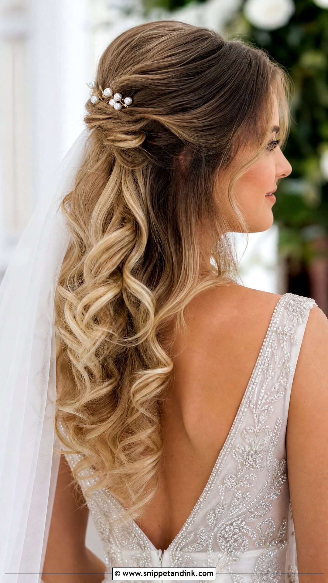 Half Up With Loose Curls and Pearl Pins - Snippet and Ink - 20 Half-Up Wedding Hairstyles
