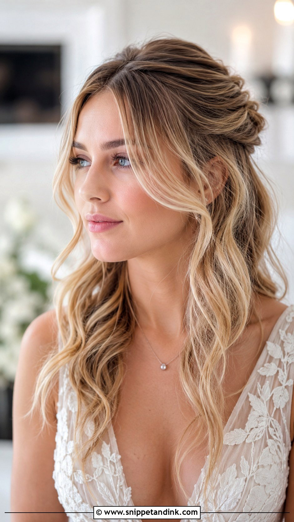 Half Up With Loose Tendrils - Snippet and Ink - 35 Half-Up Bridal Hair Ideas