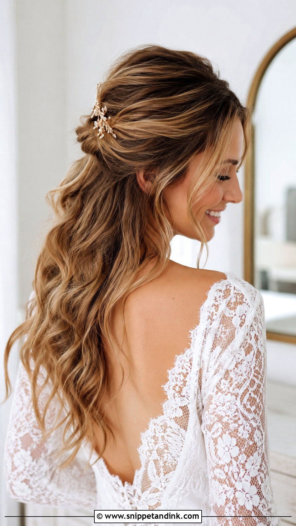 Half Up With Messy Textured Waves - Snippet and Ink - 35 Bridal Half-Up Half-Down Hair Ideas