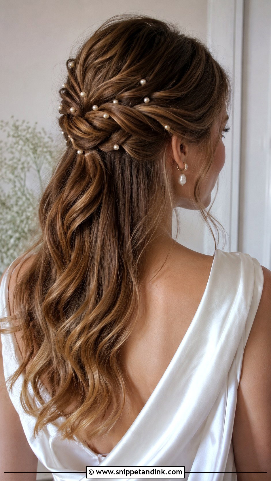 Half Up With Pearl Accents - Snippet and Ink - 25 Shoulder Length Wedding Hair Ideas