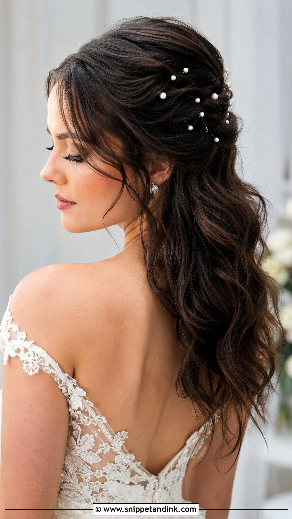 Half Up With Pearl Accents - Snippet and Ink - 20 Brunette Bridal Half-Up Half-Down Hair Ideas