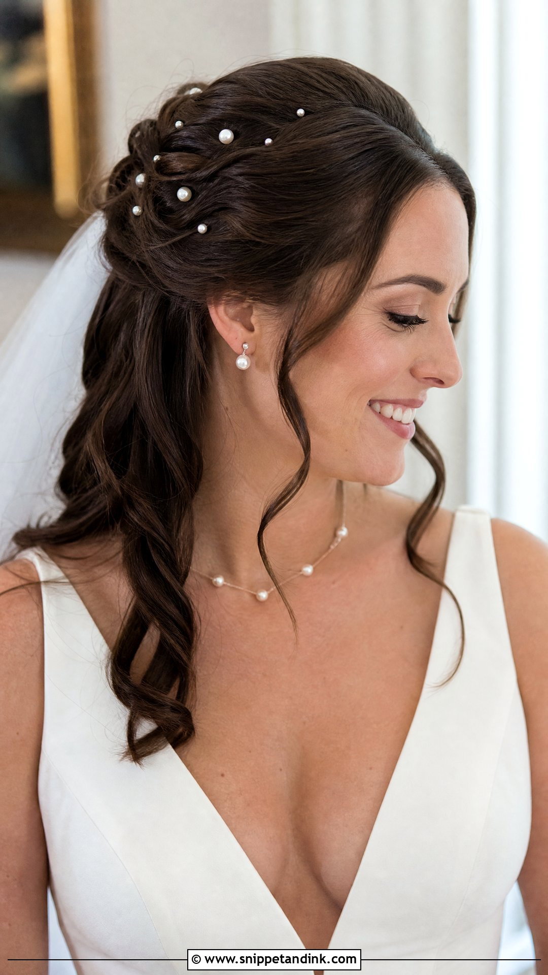 Half Up With Pearl Accessories Wedding Hairstyle - Snippet and Ink - 20 Half Updo Wedding Ideas