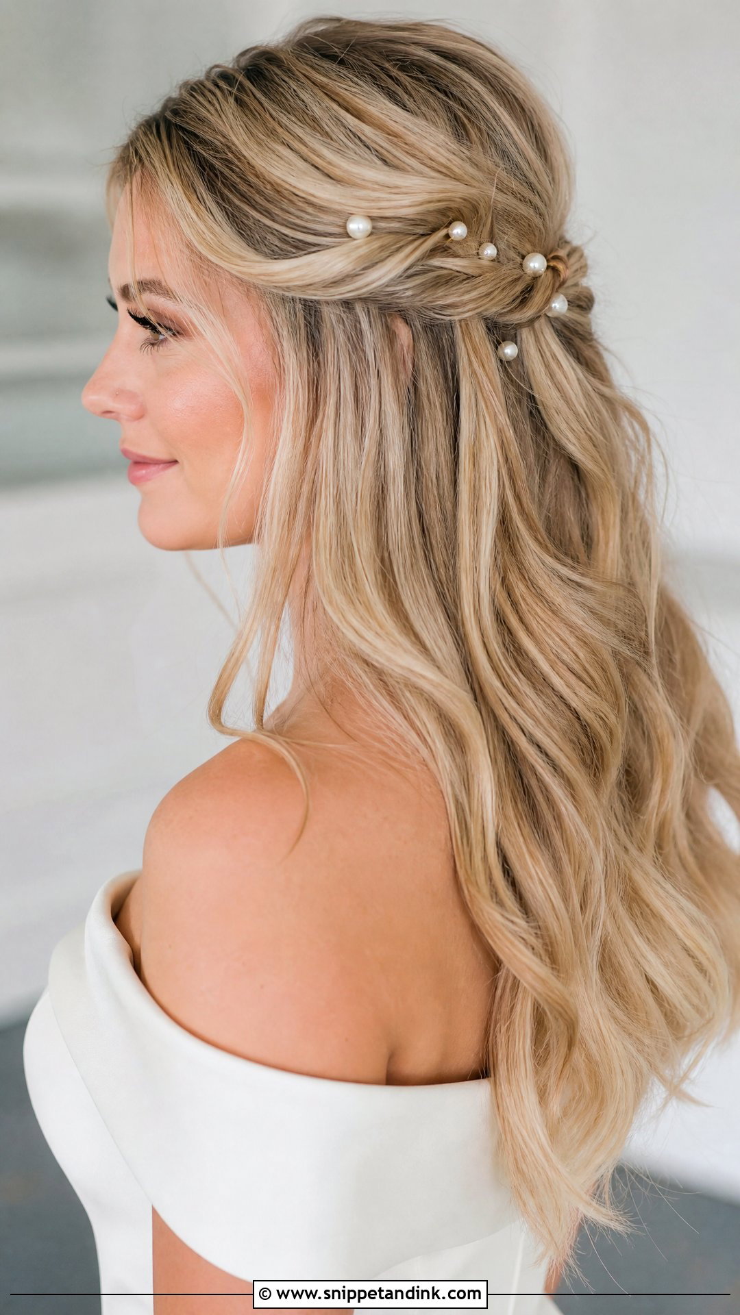 Half Up With Pearl Pins - Snippet and Ink - 20 Medium Length Wedding Guest Hairstyles