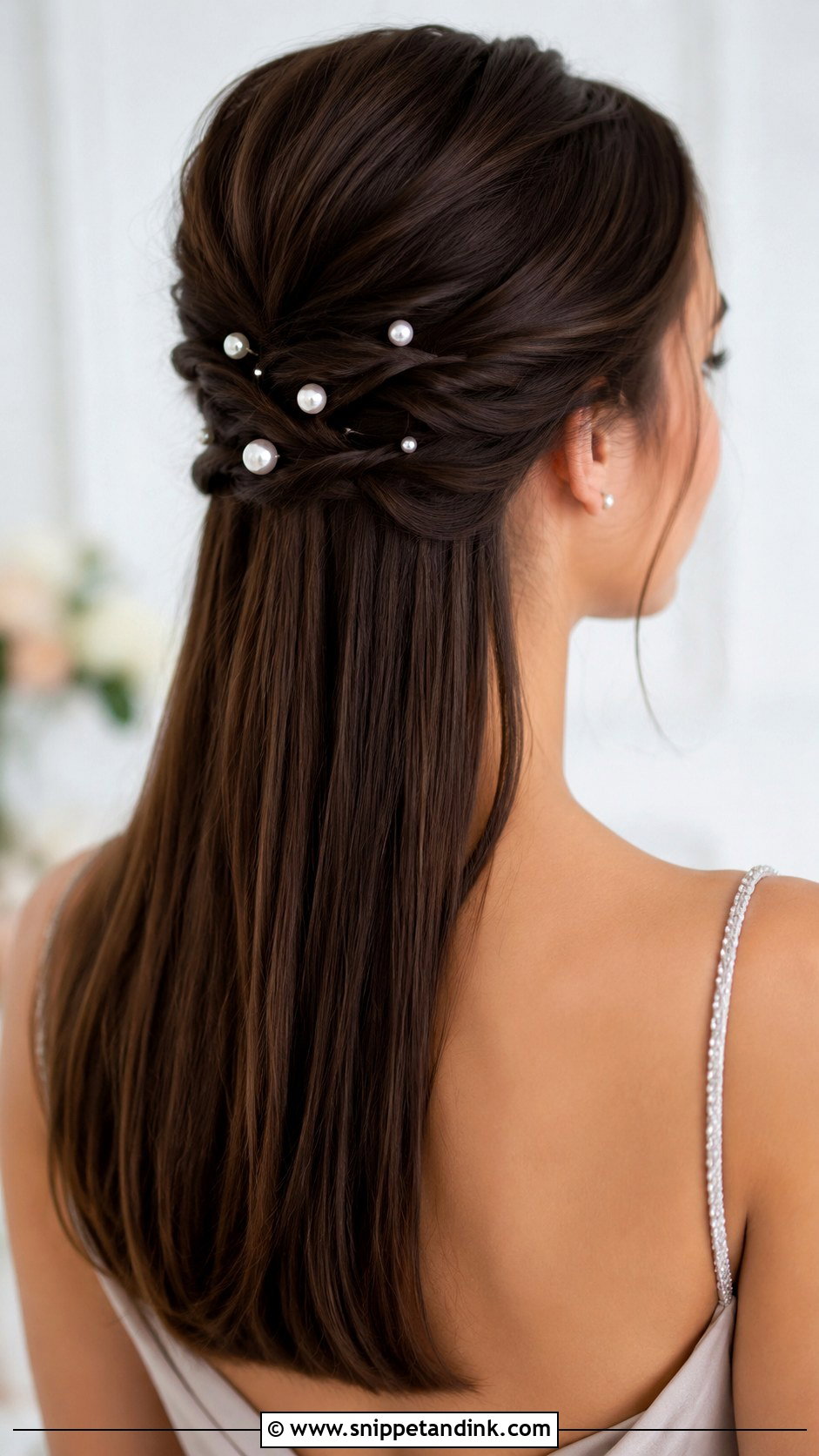 Half Up With Pearl Pins - Snippet and Ink - 20 Simple Shoulder Length Medium Half-Up Wedding Guest Hairstyles
