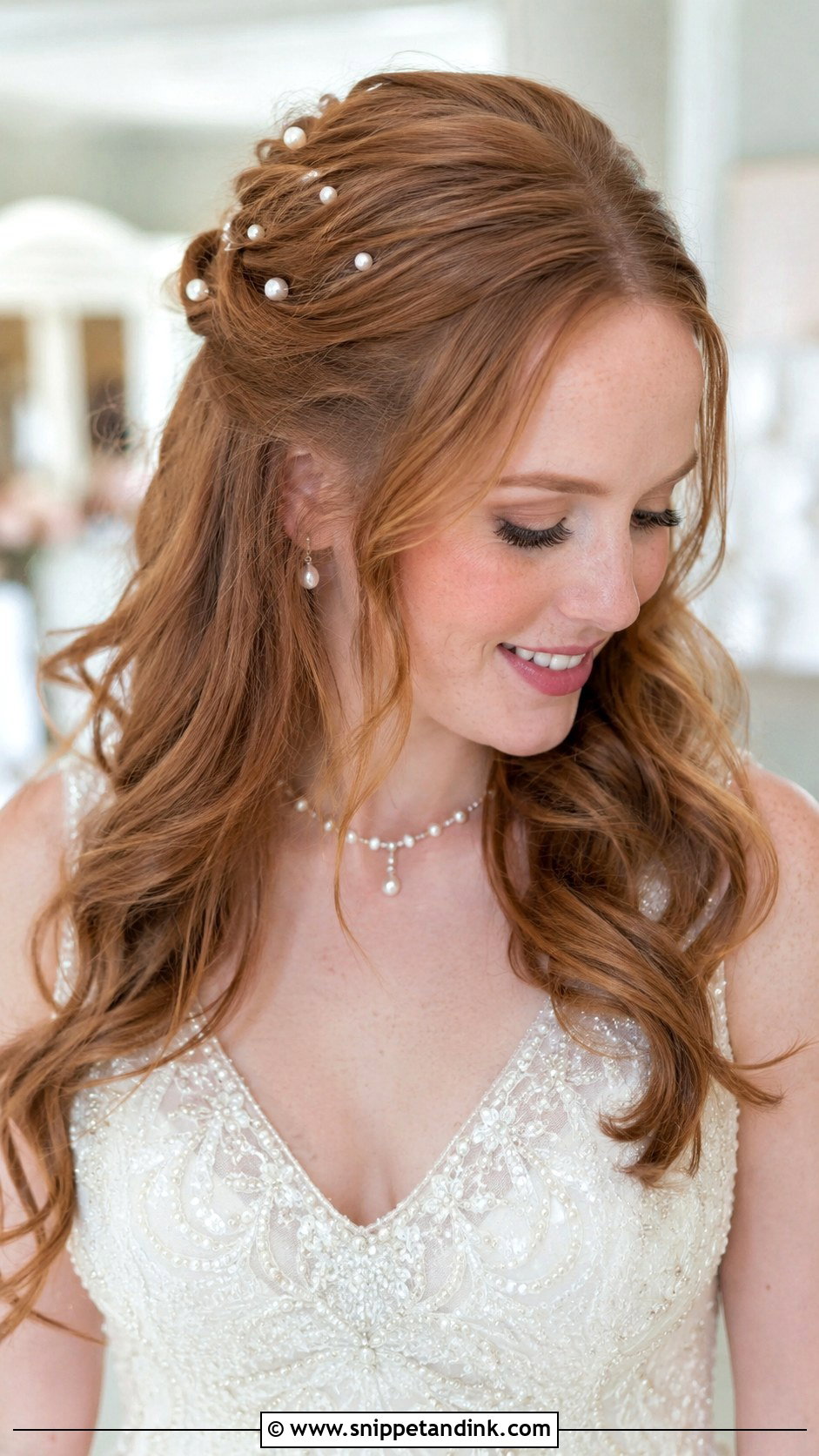 Half Up With Pearl Pins - Snippet and Ink - 25 Medium Length Half-Up Half-Down Wedding Hair Ideas