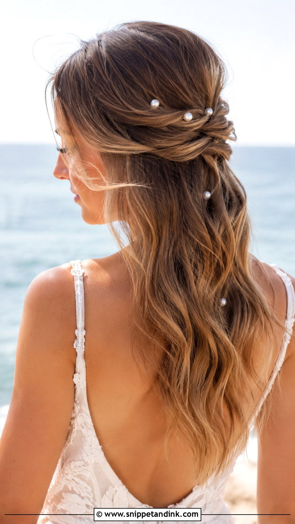 Half Up With Pearl Pins - Snippet and Ink - 20 Half-Up Beach Wedding Hair Ideas