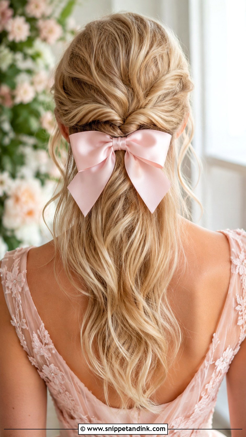 Half Up With Pink Bow For Blush Theme - Snippet and Ink - 20 Half-Up Half-Down Wedding Hair with Bow Ideas