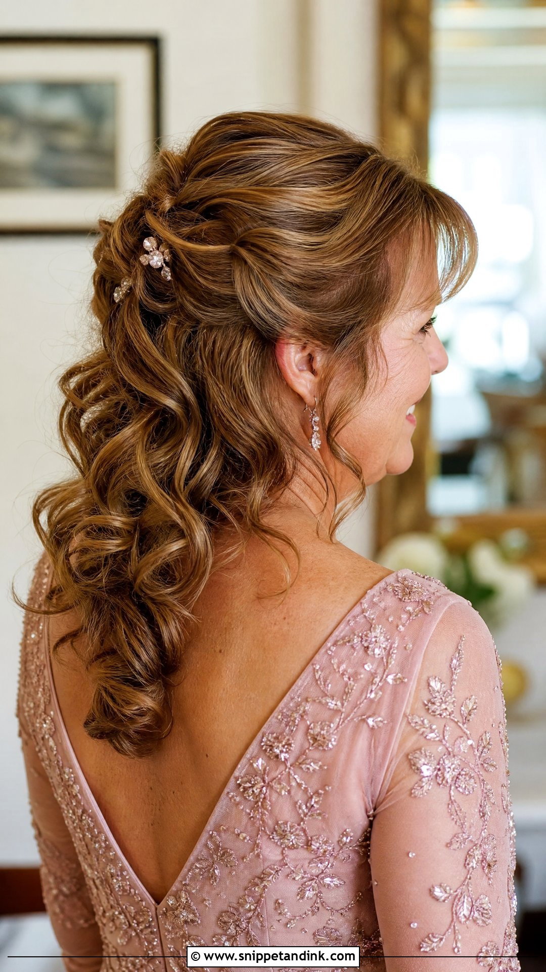 Half Up With Pinned Back Curls - Snippet and Ink - 20 Half-Up Mother of Bride Hairstyles
