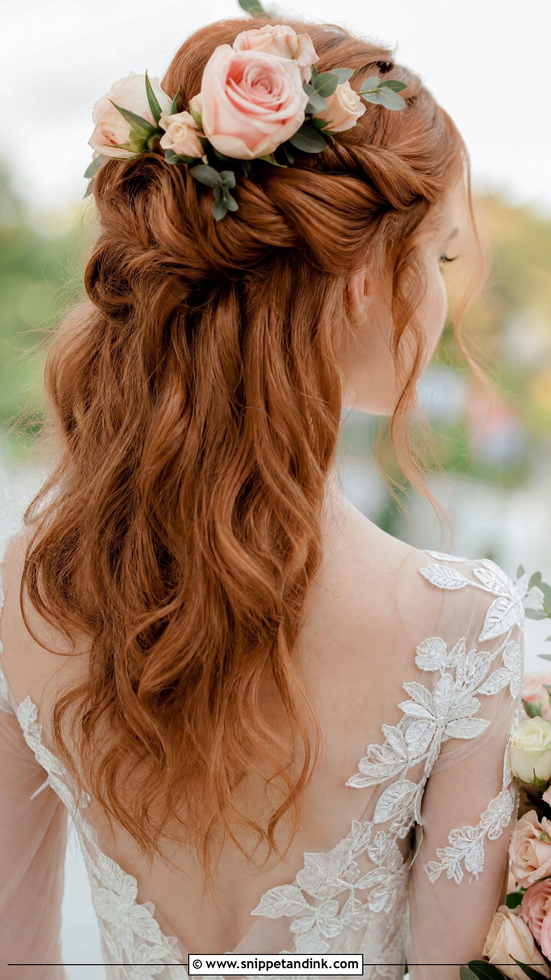 Half Up With Rose Accents - Snippet and Ink - 35 Half-Up Bridal Hair Ideas