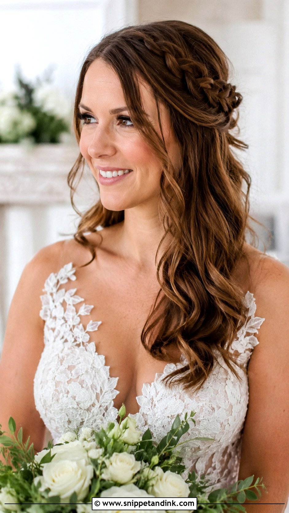 Half Up With Side Braid - Snippet and Ink - 20 Brunette Bridal Half-Up Half-Down Hair Ideas
