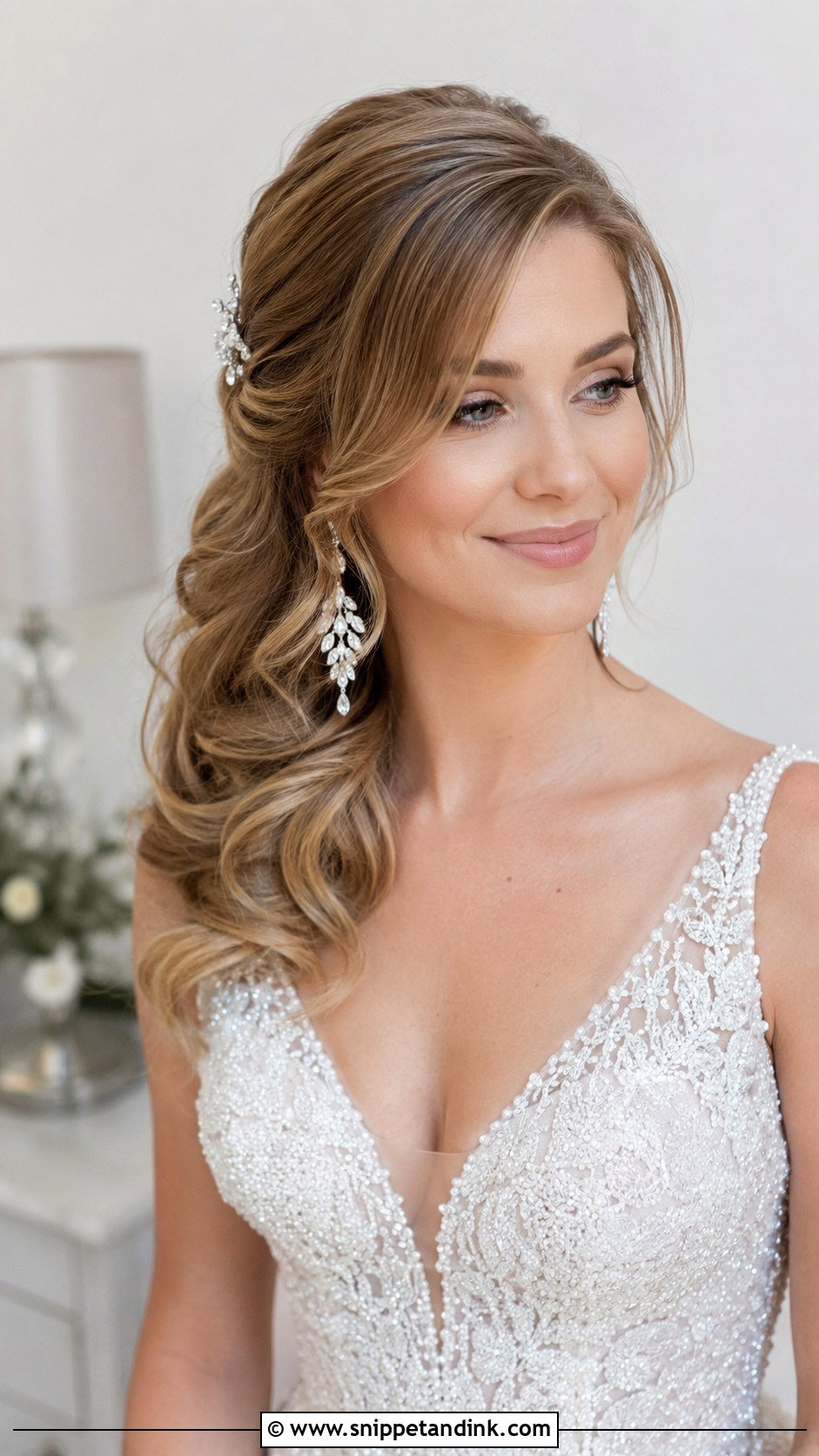 Half Up With Side Swept Waves - Snippet and Ink - 20 Medium Length Wedding Half-Up Half-Down Ideas