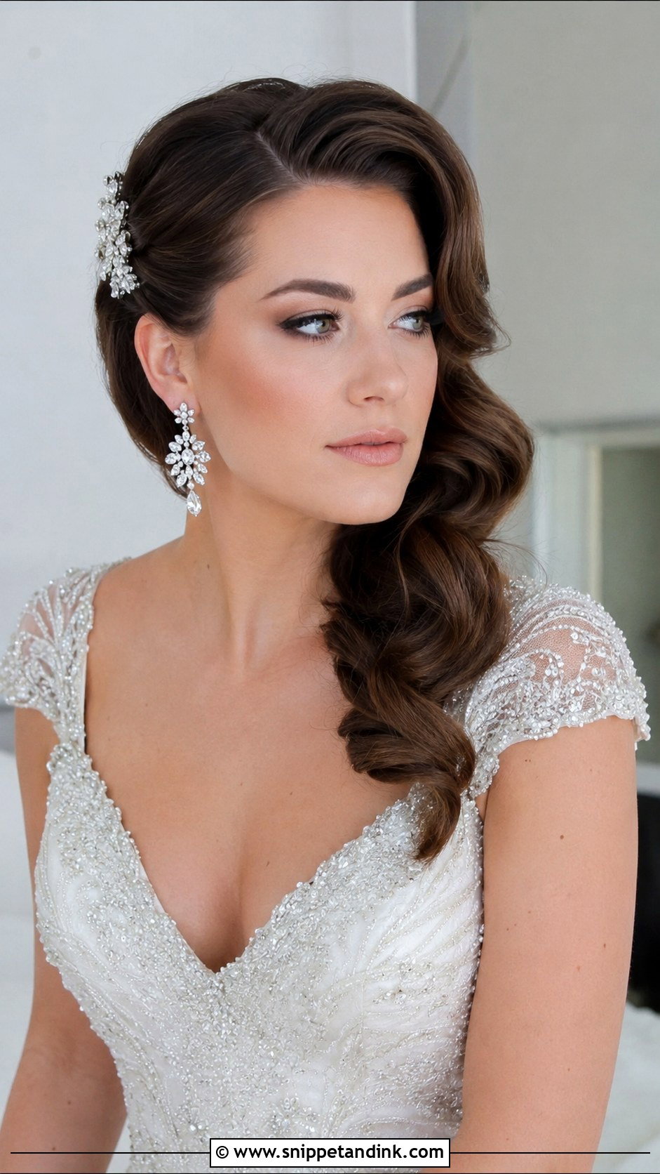 Half Up With Side Swept Waves - Snippet and Ink - 20 Long Brunette Half-Up Half-Down Wedding Hair Ideas