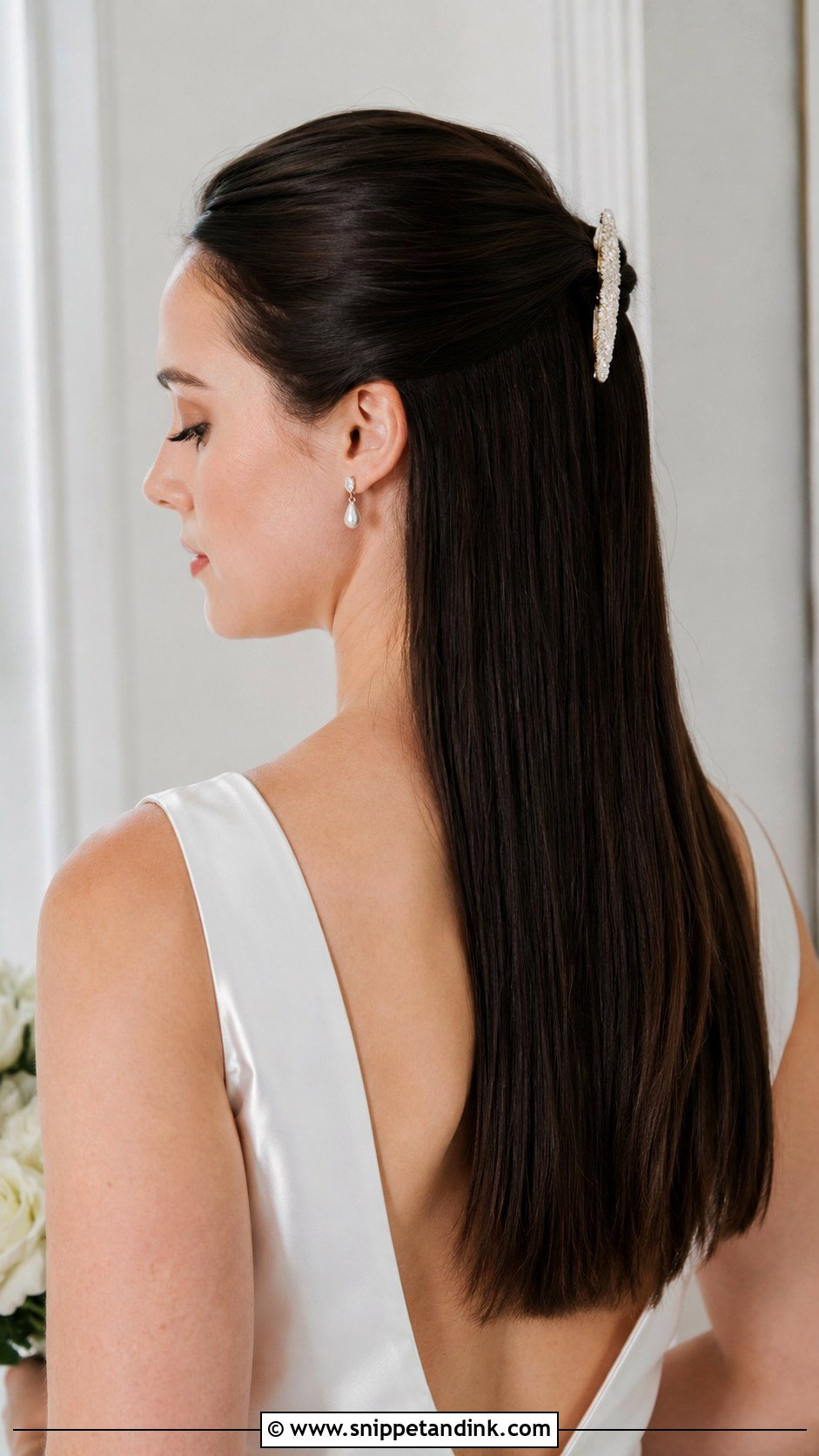 Half Up With Sleek Straight Lengths - Snippet and Ink - 25 Sleek Half-Up Half-Down Wedding Hair Ideas