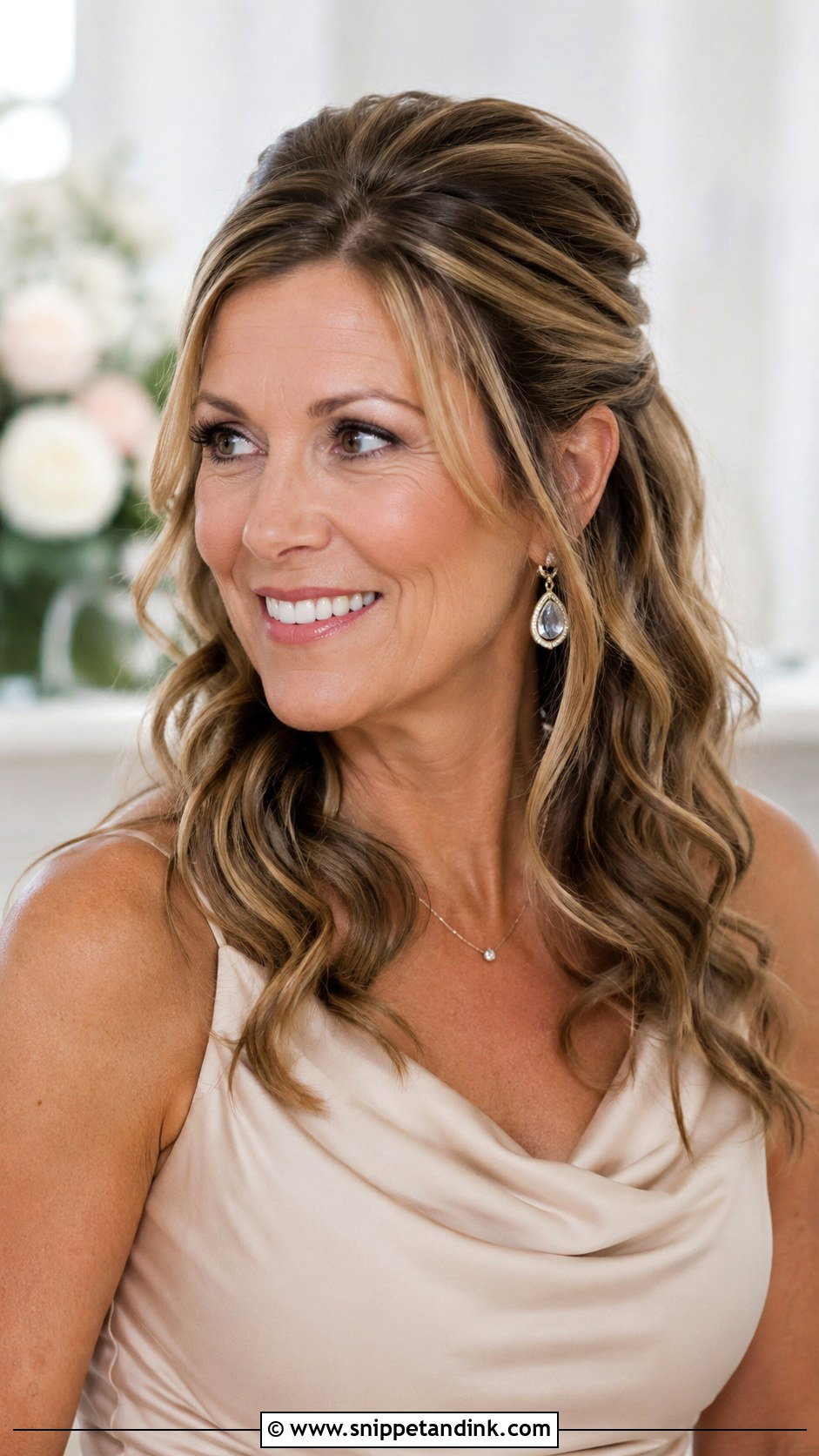 Half Up With Sleek Top And Wavy Ends - Snippet and Ink - 30 Half-Up Half-Down Mother of Bride Hair Ideas