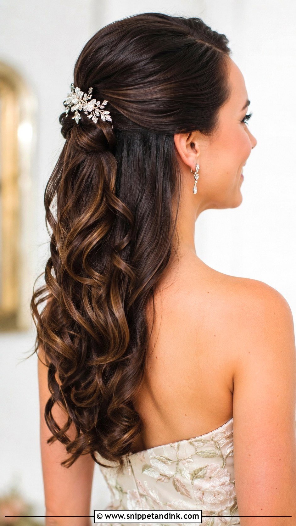 Half Up With Sleek Top and Curled Ends - Snippet and Ink - 20 Mid Length Bridal Half-Up Half-Down Hair Ideas