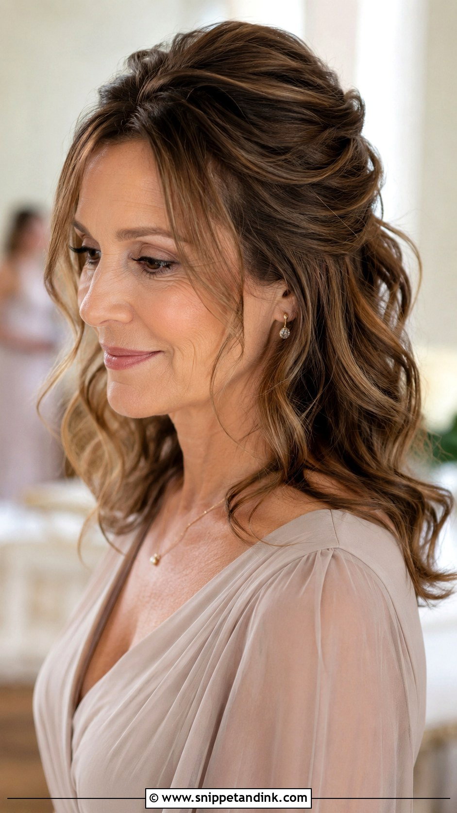 Half Up With Soft Tousled Waves - Snippet and Ink - 30 Half-Up Half-Down Mother of Bride Hair Ideas