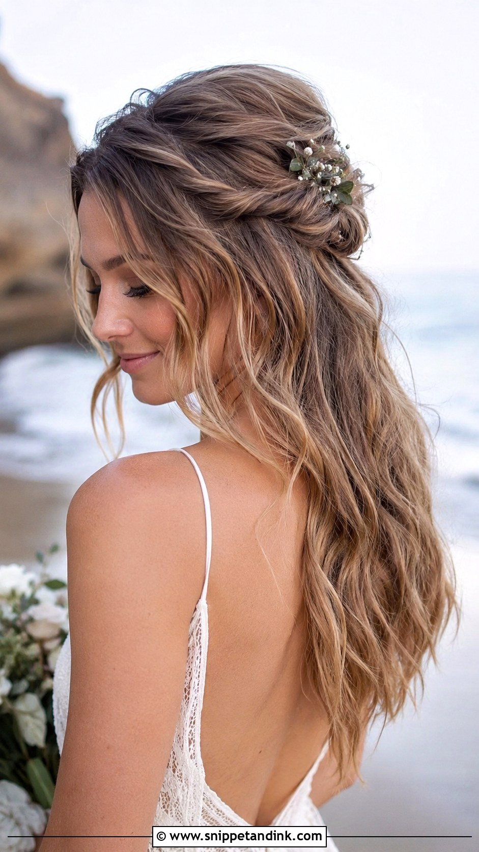 Half Up With Textured Beach Waves - Snippet and Ink - 20 Medium Length Half-Up Wedding Hair Ideas