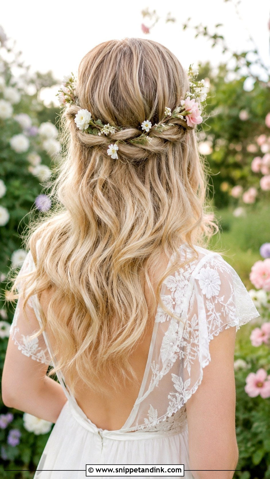 Half Up With Twisted Floral Crown - Snippet and Ink - 35 Bridal Half-Up Half-Down Hair Ideas