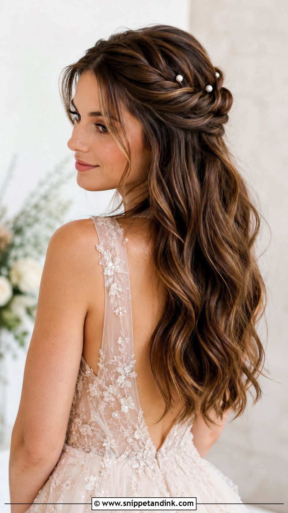 Half Up With Twisted Halo And Waves - Snippet and Ink - 25 Half-Up Mother of the Bride Hair Ideas