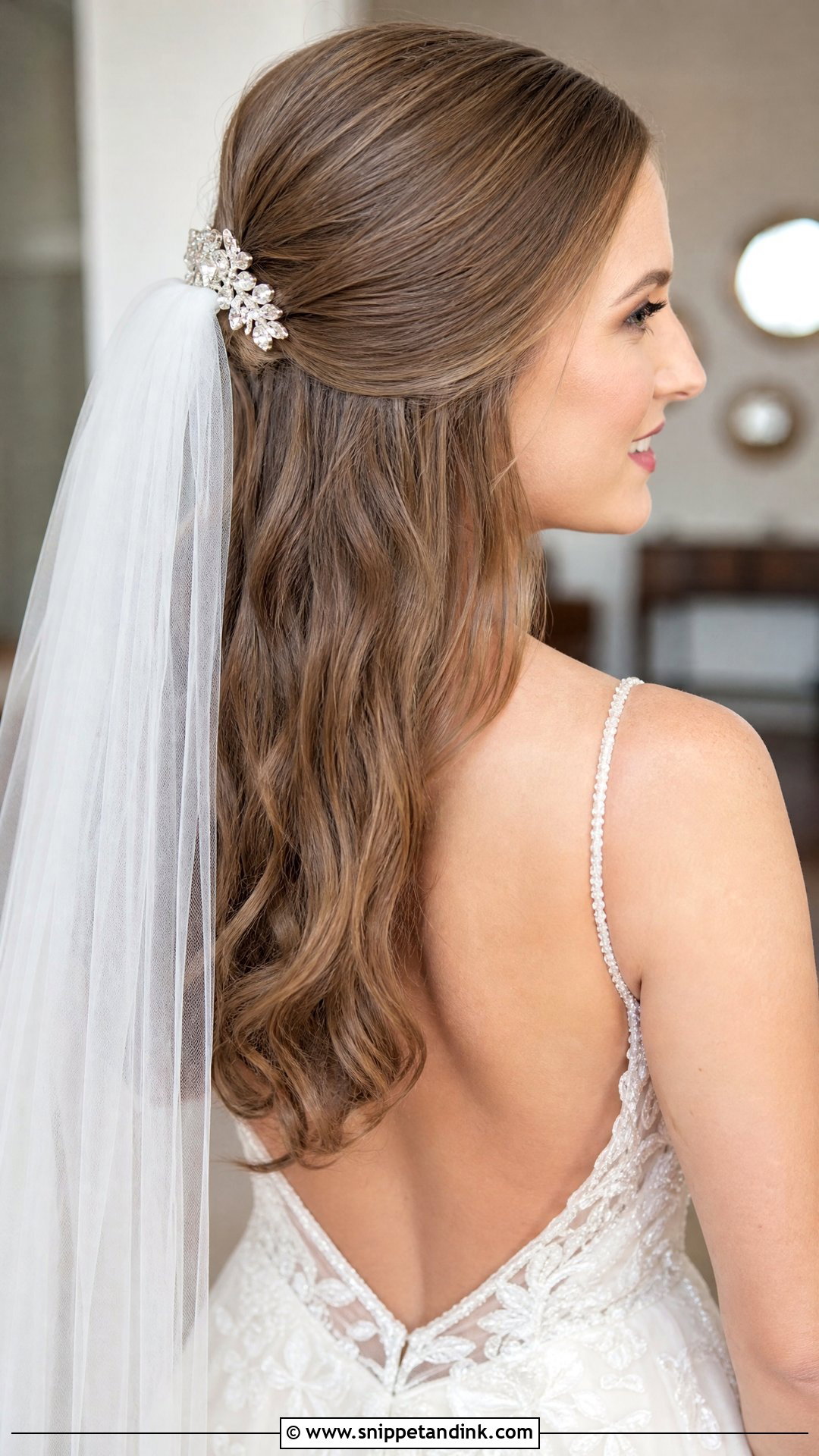 Half Up With Veil and Soft Waves - Snippet and Ink - 20 Half-Up Do Wedding Ideas
