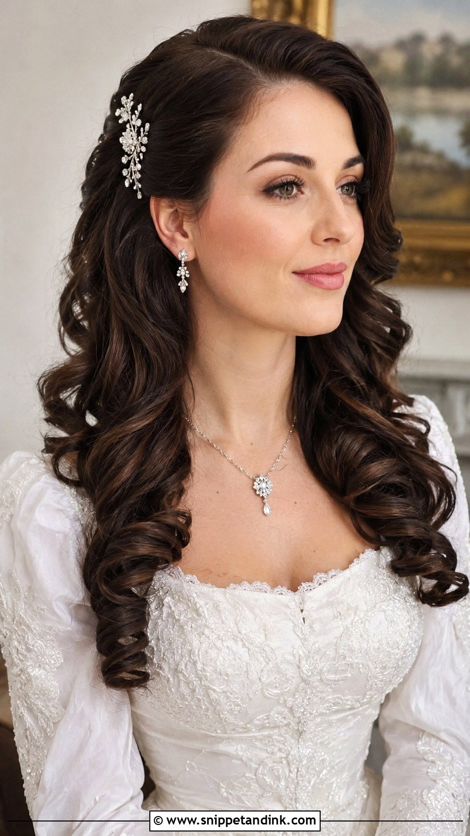 Half Up With Voluminous Curls and Side Part - Snippet and Ink - 20 Long Brunette Half-Up Half-Down Wedding Hair Ideas