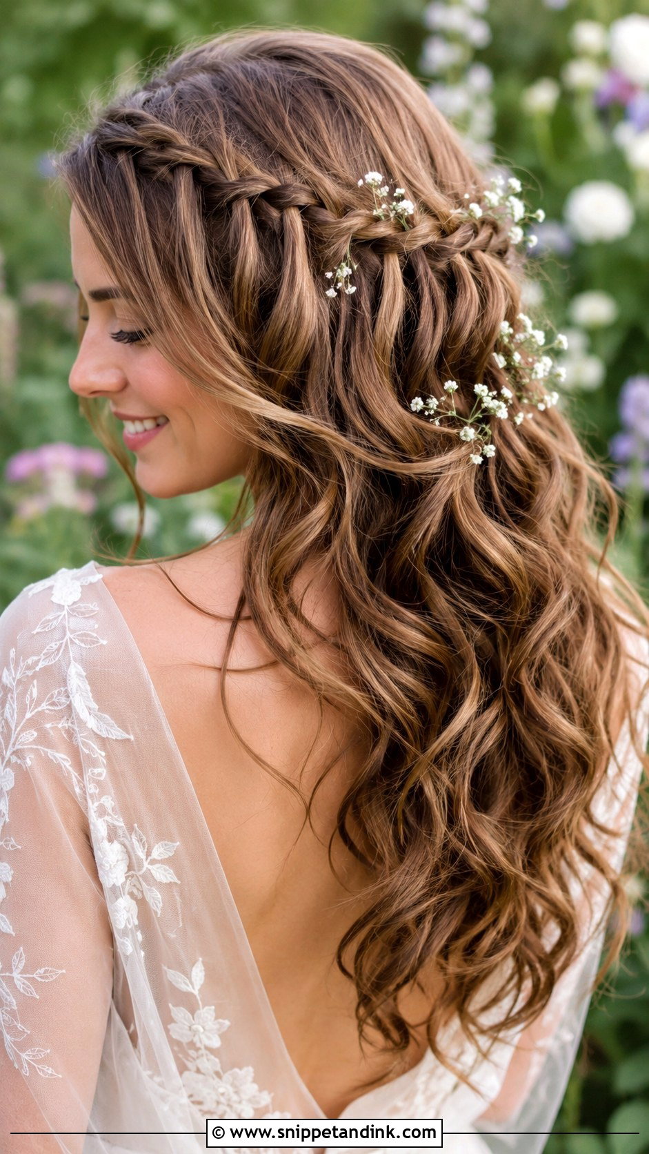 Half Up With Waterfall Braid - Snippet and Ink - 25 Half-Up Long Hair Wedding Styles